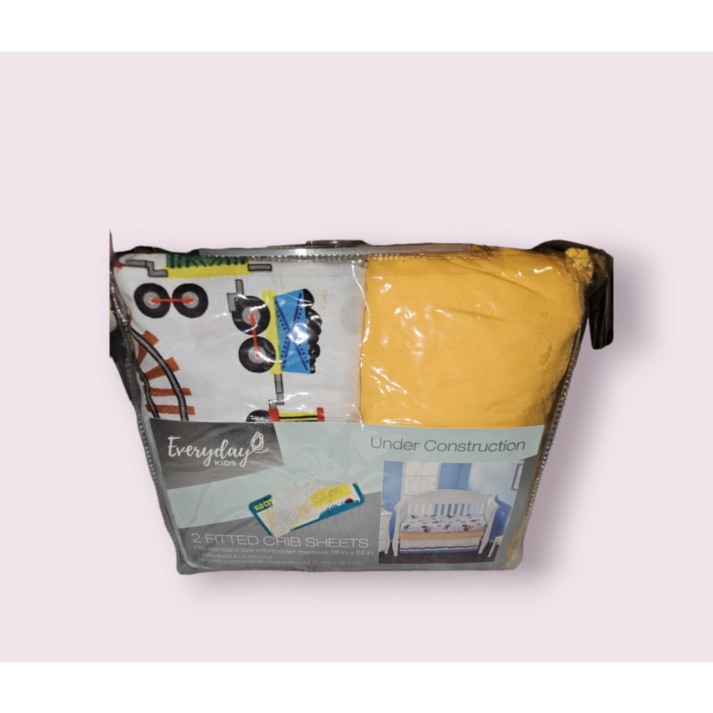 Everyday Kids Crib Sheets White Yellow Construction (NEW)